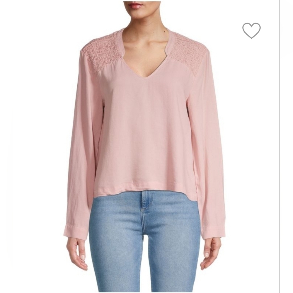 Cloth And Stone V Neck Long Sleeve Tencel Smocked Top Pink Blouse Size Small